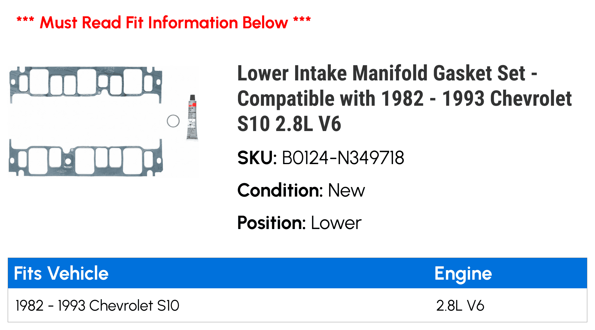 Lower Intake Manifold Gasket Set - Compatible with 1982 - 1993 Chevy S10 2.8L V6 1983 1984 1985 1986 1987 1988 1989 1990 1991 1992