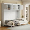 thumbnail image 2 of Queen Size Murphy Bed with Top Cabinets, Wood Wall Bed with Wine Rack, Hidden Horizontal Folding Platform Bed for Guest Room, Home Office, White, 2 of 7