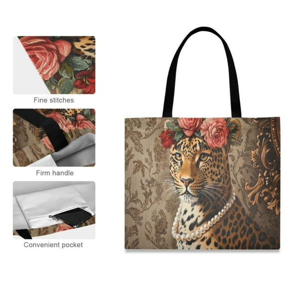 Canvas Tote Bag for Women Girls Design Print Leopard with Flowers and Pearls Tote