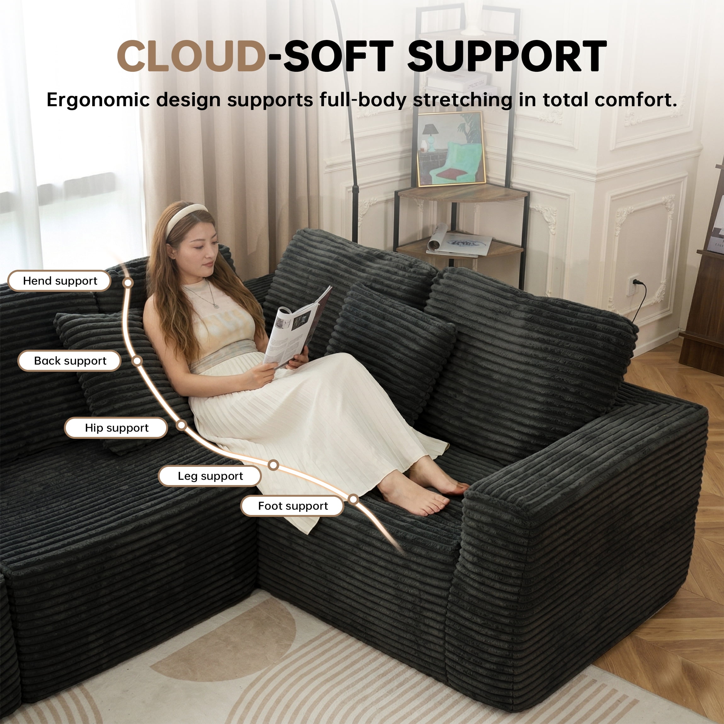 SOULART 135.5" U Shaped Sectional Couch,Black Cloud Boneless Sofa For Living Room,Plush Corduroy Couches With Deep Seat Chaise Lounge,No Assembly Required