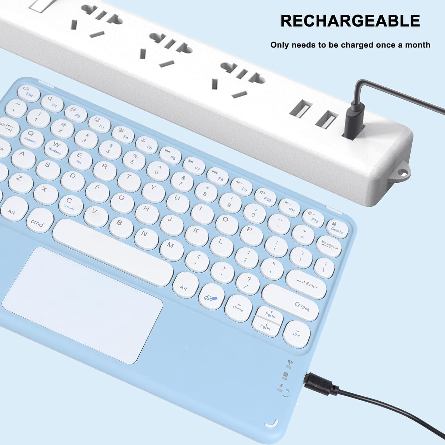 Portable Wireless Bluetooth Keyboard with Touchpad, Ultra-Thin Rechargeable Bluetooth Keyboard Mini with trackpad Round Key for iPad pro/iPad/iOS/Android (Blue)