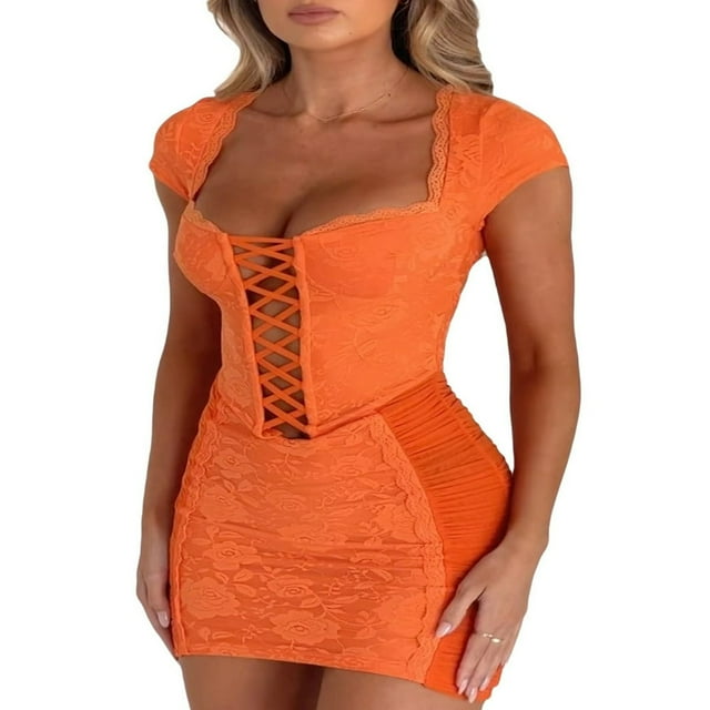 Robe de Soirée en Dentelle à Manches Courtes Orange avec Bandage Creux pour Femmes