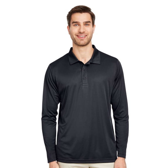 Team 365 Men's Performance Long Sleeve Polo Shirts 100% Polyester Quick Dry Golf Tee Shirts (Black, S)