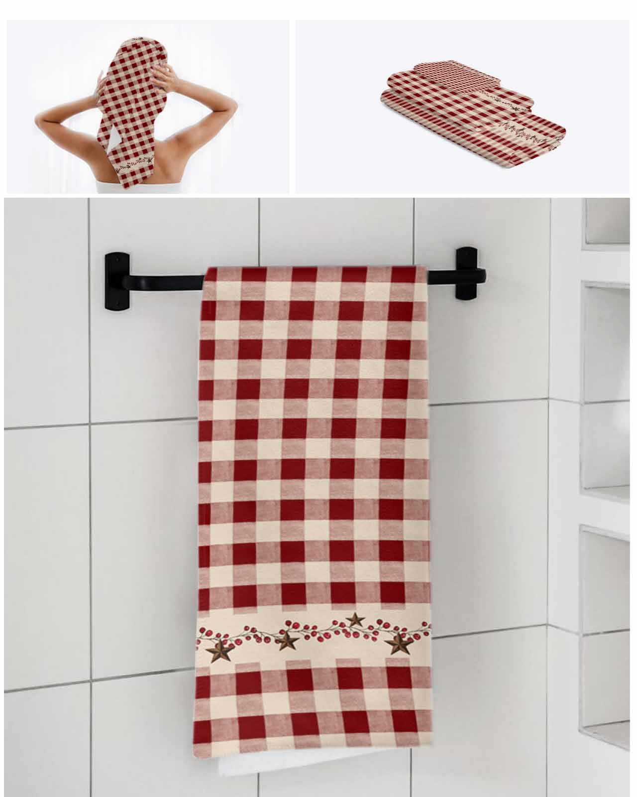 Country Star Plaid Bath Towels for Bathroom Set,Luxury Microfiber Towels Gifts for Women,Beach Kitchen Hand Hair Face Towel and Dish Washcloth,Retro Red American Farm Barn Berry Towels+Set