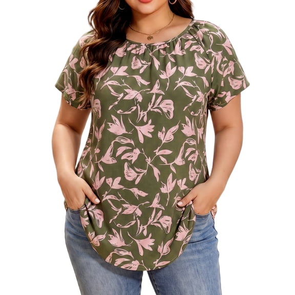 Cuteduck Women Plus Size Tops Short Sleeve Shirts Casual Floral Print Chiffon Blouses Loose Flowy Crewneck Pleated TopοΌ1X-5XοΌ