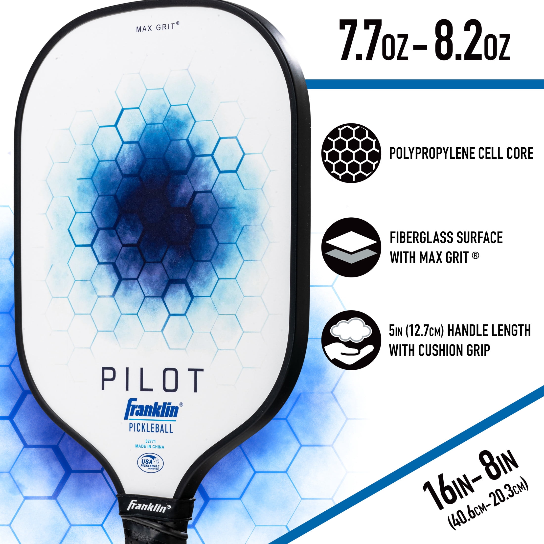 Franklin Sports Pilot Pickleball Paddle - Poly 10mm Core Racket - Blue
