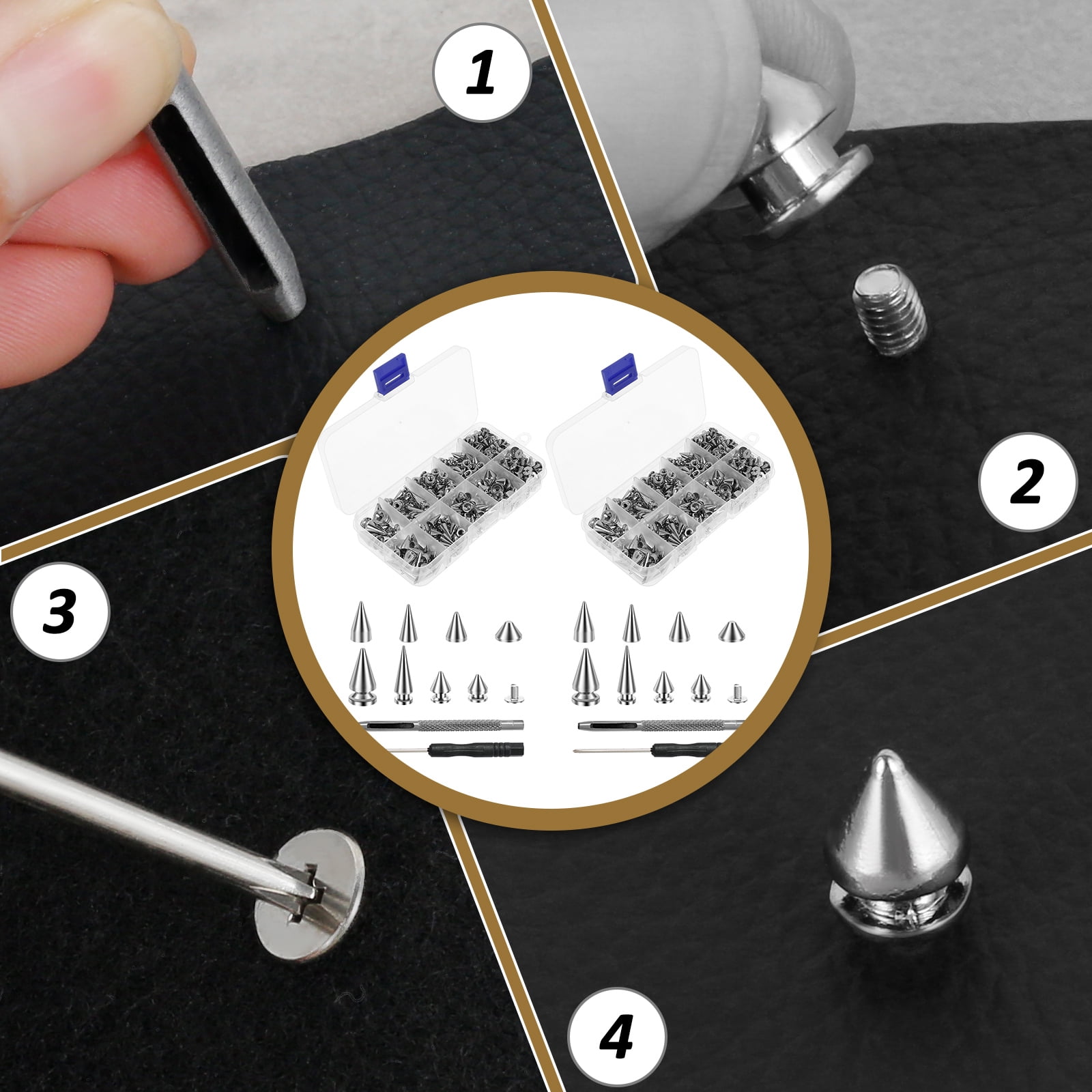 Ikoopy 718Pcs Punk Spikes and Studs Kit Zinc Alloy Silver Cone Spike and Stud Rivet Kit 8 Size Metal Leather Tree Spike Assortment Tool for Clothing Jacket Shoes Wallet