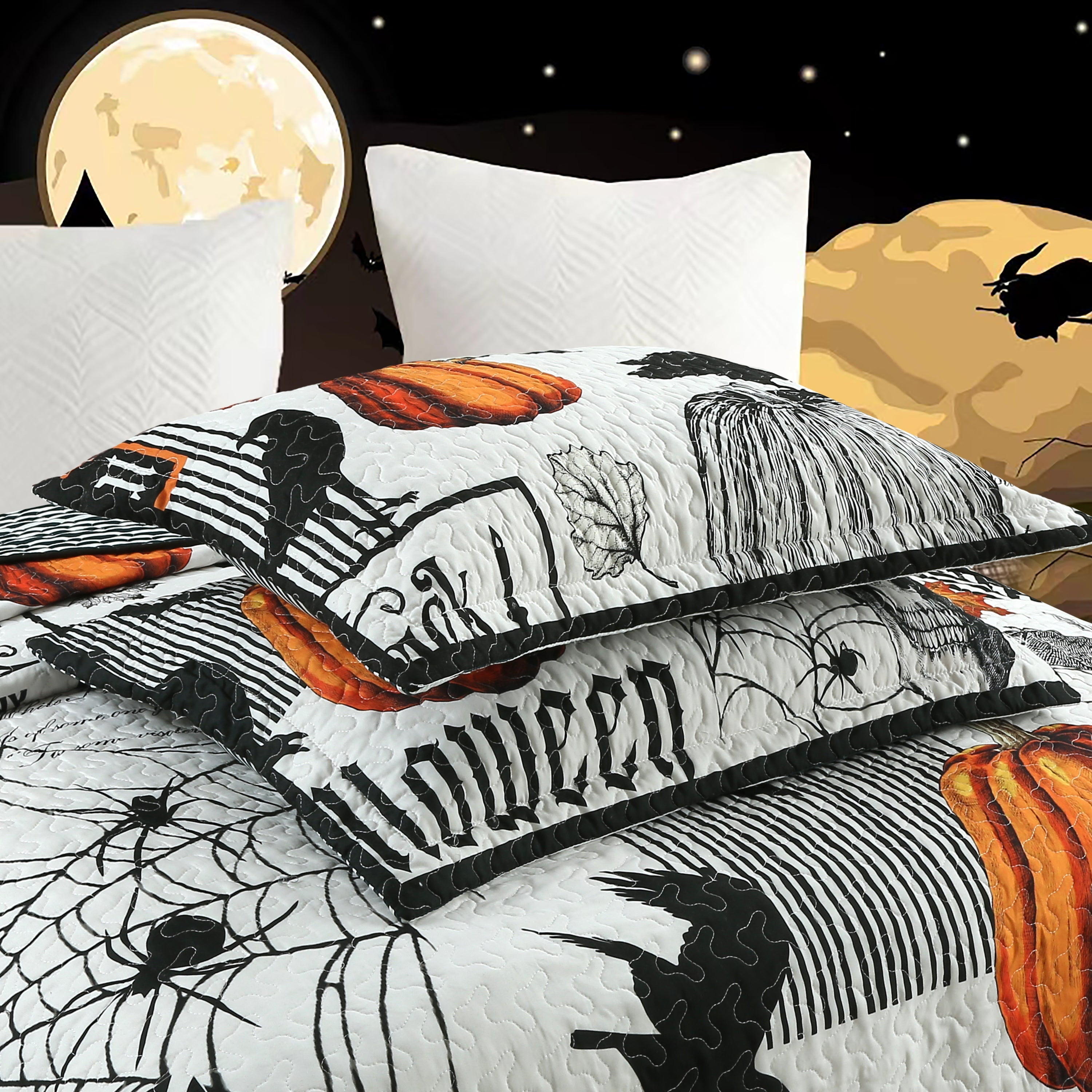 3 Pcs Halloween Quilt Bedspread Set – Cozy & Spooky Pumpkin and Ghost Pattern for Festive Decor