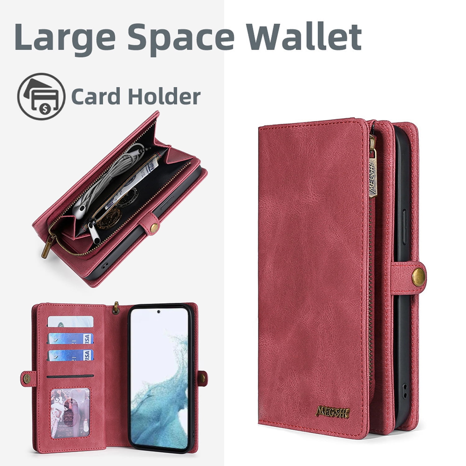 for Samsung Galaxy S25 Plus Case for Women Men, Removable Durable PU Leather Magnetic Flip Strap Wristlet Zipper Purse Card Holder Detachable Wallet Phone Cases for Samsung Galaxy S25 Plus, Red