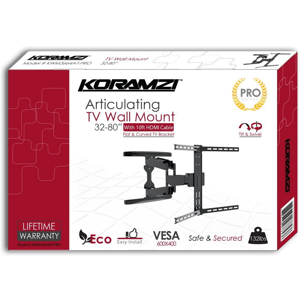 "Koramzi Full Motion TV Wall Mount for Curved & Flat TVs, Fits 32 to 80"", 600X400 VESA, Includes HDMI Cable"