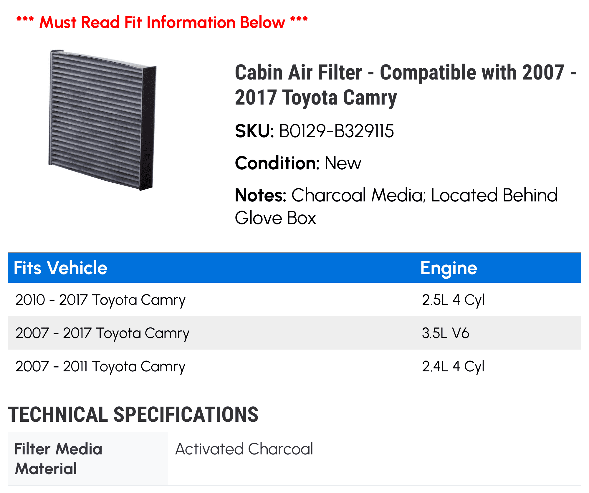 Cabin Air Filter - Compatible with 2007 - 2017 Toyota Camry 2008 2009 2010 2011 2012 2013 2014 2015 2016