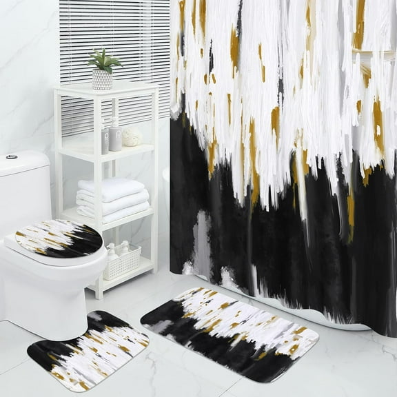 MitoVilla 4 Pcs Black Ombre Bathroom Sets with Shower Curtain and Rugs, Oil Painting Shower Curtain Sets with Rugs for Bathroom Decor, Abstract Bathroom Decor Curtain Sets with Mats and Accessories