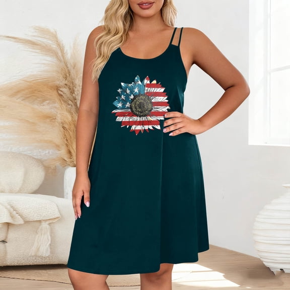 Gamivast Dresses for Women Plus Size Spaghetti Strap Swing Mini Dress Flag Print Casual Dress Summer Dress Holiday Dress Beach Dress Sundress Navy XXL