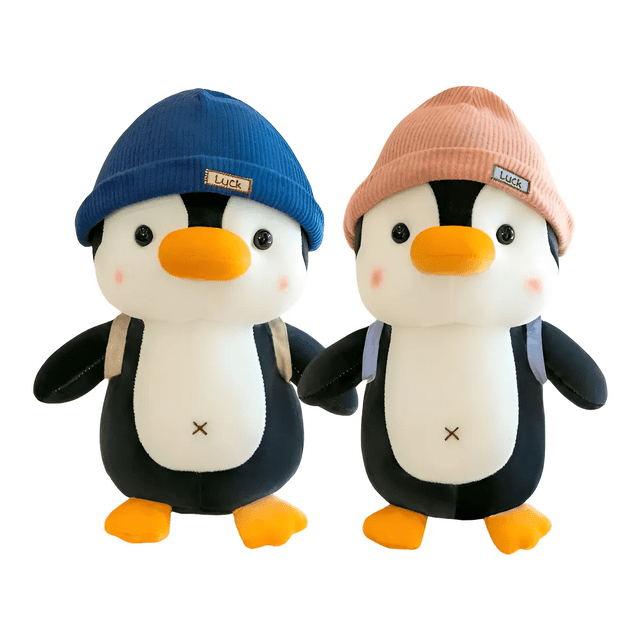 2Pingüinos Negro Blanco Peluche Gorro Malubero, Rosa/Azul