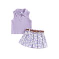 thumbnail image 2 of Elippeo Toddler Girl Summer Outfit 6 12 18 24 Months 3 4 Years Solid Color Ribbed Sleeveless Tank Tops and Daisy Print Pleated Skirts with Belt 2Pcs Clothes Set, 2 of 10