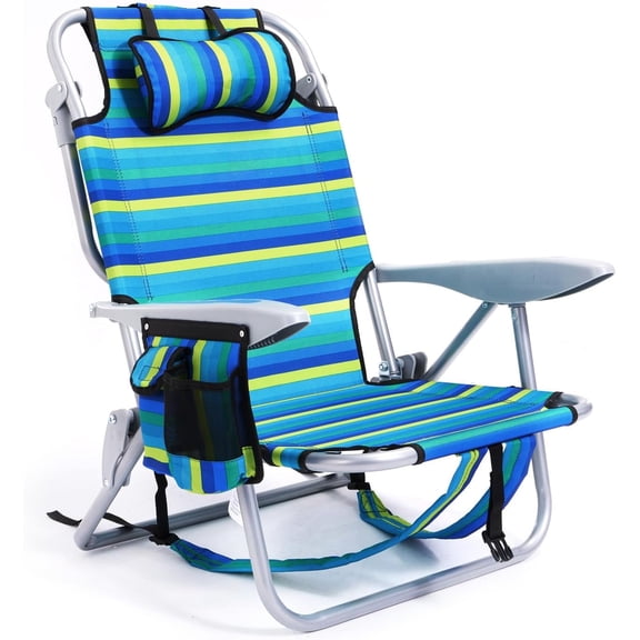 5-Pos Lay Flat Folding Backpack Beach Chair, Ocean with Cup Holder