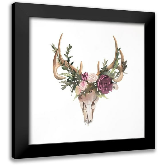 Atelier B Art Studio 12x12 Black Modern Framed Museum Art Print Titled - Deer Skull with Flowers