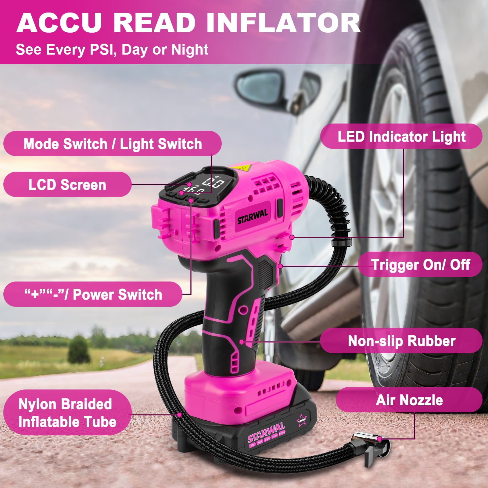Starwal 20V Cordless Tire Inflator, Portable Air Compressor with Rechargeable Battery, 150 PSI Air Pump with 12V Car Adapter & Digital Gauge for Car, Motorcycle, Bike