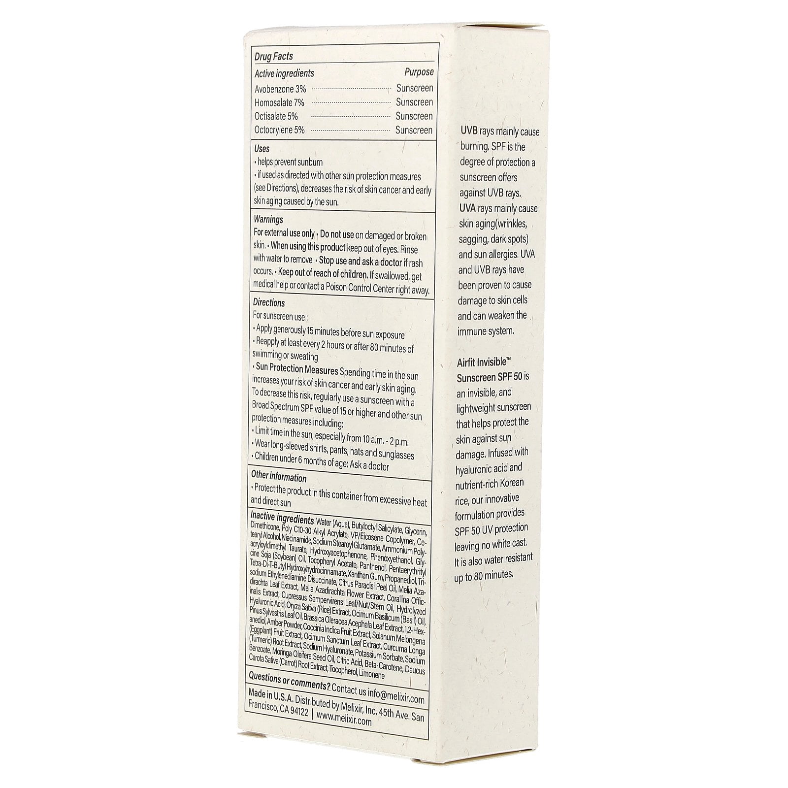 Melixir Airfit Invisible™ Sunscreen SPF 50, Broad Spectrum Korean Rice Sunscreen for Face, Hyaluronic Acid, Moisturizing Daily Protection for Sensitive Skin, No White Cast, Waterproof (1.7fl.oz/50ml)
