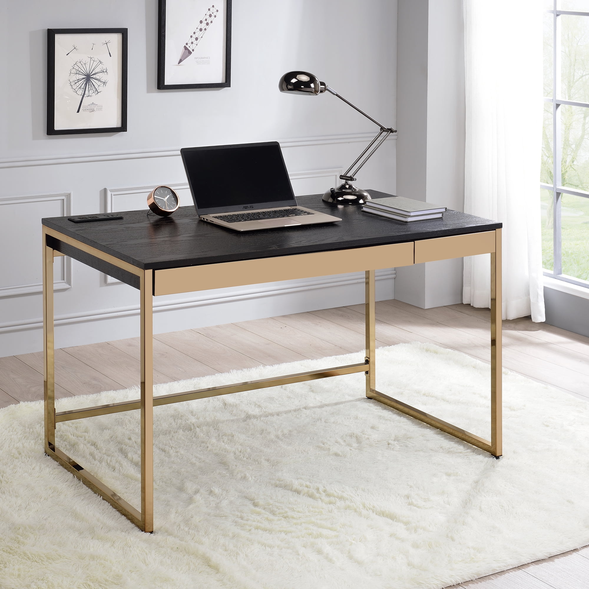 Furniture of America Writing Desk with USB Outlet, Black and Copper