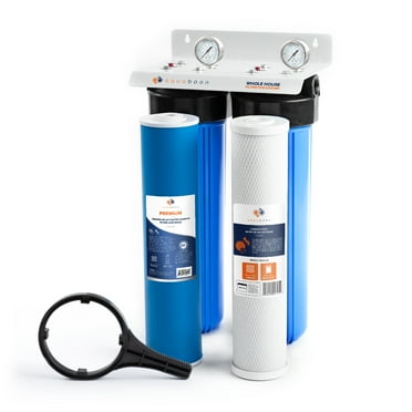 Aquaboon 2-Stage 20" Whole House Filtration System, Housing Bracket, Pressure Gauges, GAC Filter, Carbon Block Filter Cartridges