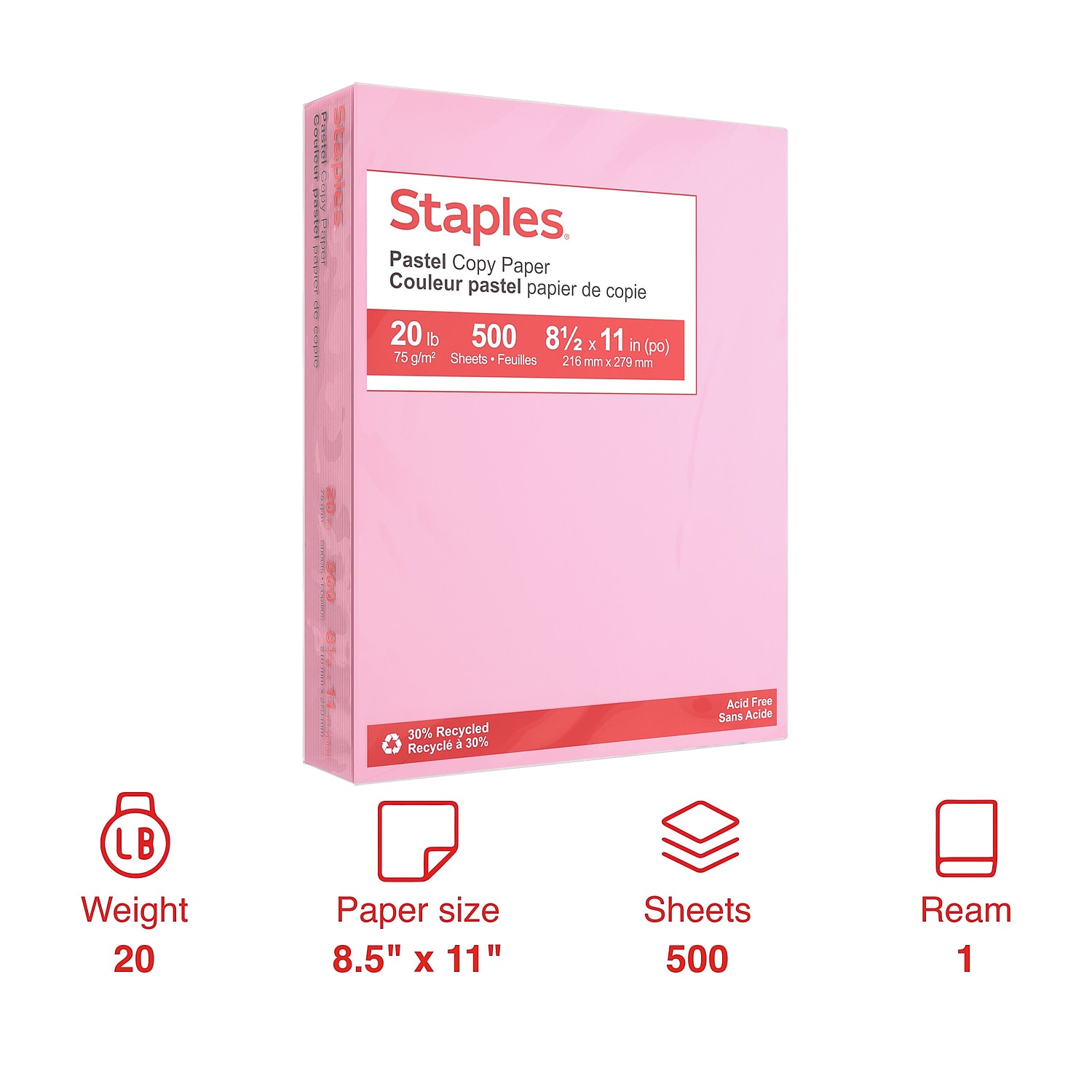 Staples Pastel Colored Copy Paper, 8.5" x 11", Pink, 500 Sheets photo 2