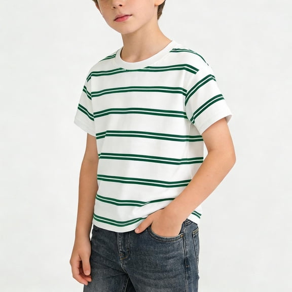 Fnooota Boys Cotton T-shirts, Casual Short Sleeve Stripe Summer Kids Summer Tees Green Size 7-8