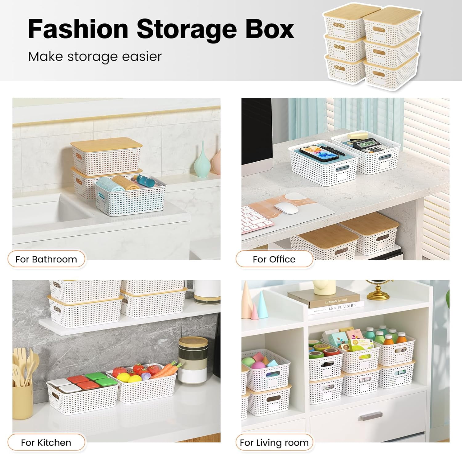 HBlife Plastic Storage Baskets With Bamboo Lids, 6 Pack Storage Containers Stackable Storage bins, Storage Baskets for Organizing Shelves Drawers Desktop Closet Playroom Classroom Office, White