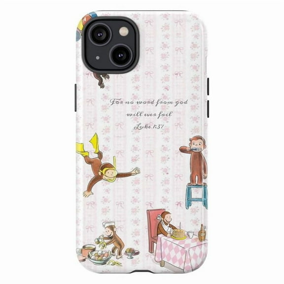Curious Monkey Bible Verse iPhone Case, “Luke 1:37” Scripture Quote, Phone Cover for iPhone 11 12 13 14 15 16 Pro Max Mini