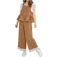 thumbnail image 2 of Conjuntos de camiseta sin mangas con cuello redondo, traje para niña, top con mangas voladoras, pantalones acampanados con dobladillo de encaje, conjunto de dos piezas para niña, top de poliéster para, 2 of 6