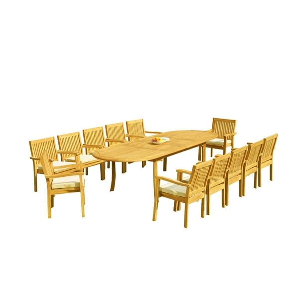 Grade-A Teak Dining Set: 12 Seater 13 Pc: 118" Oval Table And 12 Leveb Stacking Arm Chairs Outdoor Patio WholesaleTeak #51LV2613
