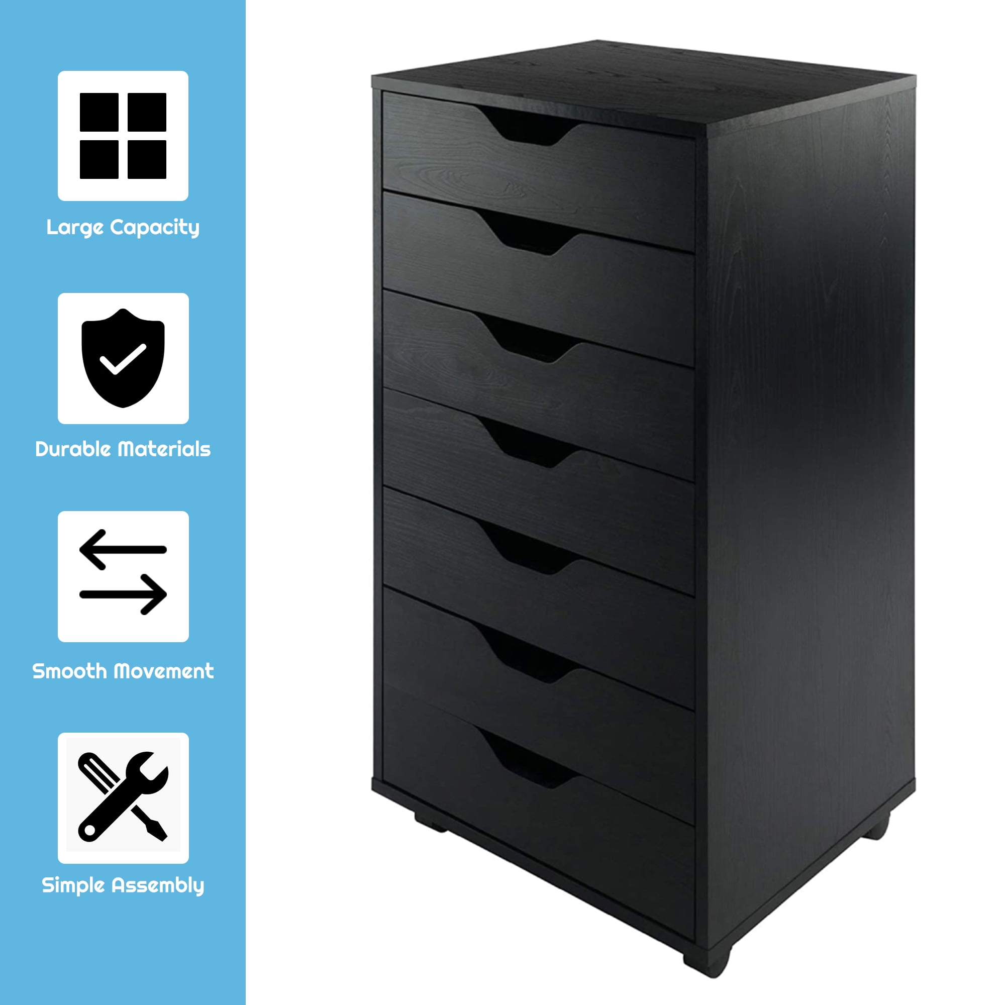 Wood File 7Drawer Mobile Filing for Home Office, Black