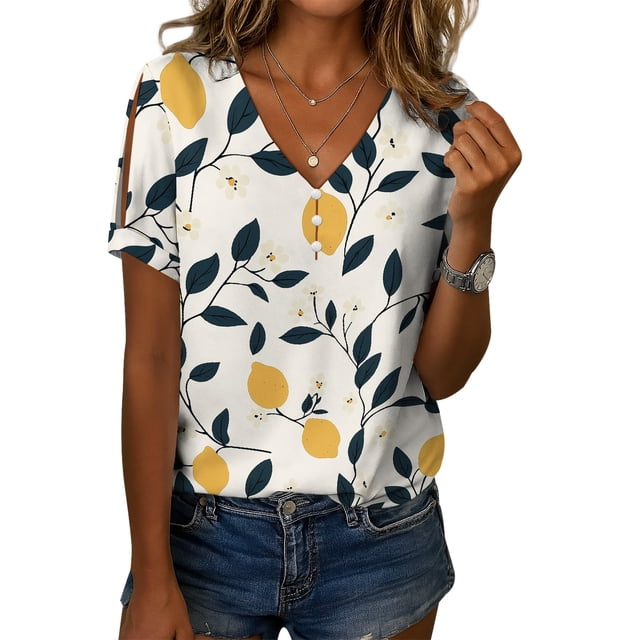 Blusa Zhyaj de manga corta con cuello en V y estampado floral bohemio para mujer