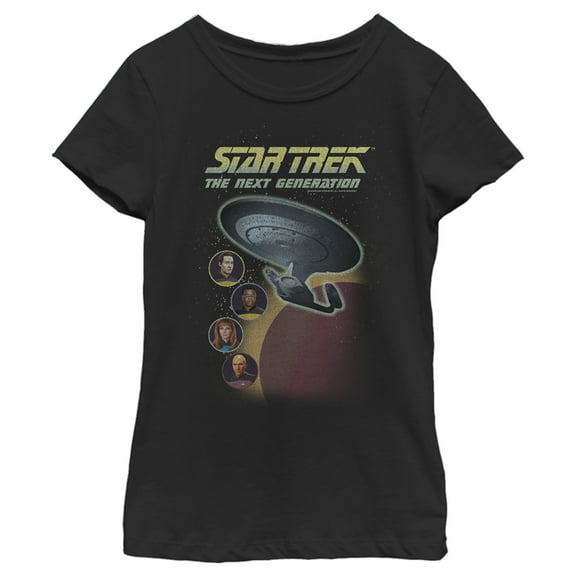 Girl's Star Trek: The Next Generation Enterprise with Captain and Crew Portraits Graphic Tee Black Medium
