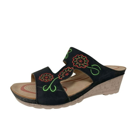 

Youmylove Women Slide Slippers Shoes Summer Sandals Roman Slippers Round Toe Wedge Flower Embroidered Vintage Slippers Comfort Cozy Leisure Daily Walking