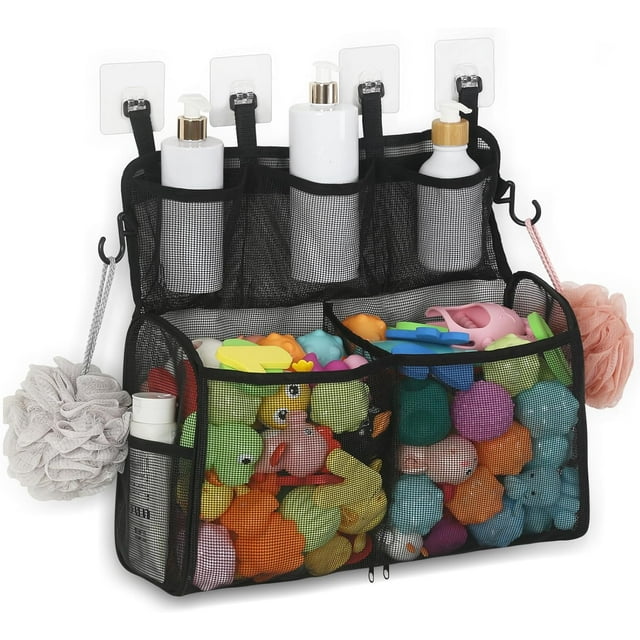 DOCMON Rangement de Jouets de Bain, Support de Jouets de Bain à 2 Couches Grande Capacité pour Baignoire, Organisateur de Jouets à Séchage Rapide avec Fermeture Éclair Buttom, Panier de Jouets de Douche en Filet pour Jouets et Articles de Toilette - Noir