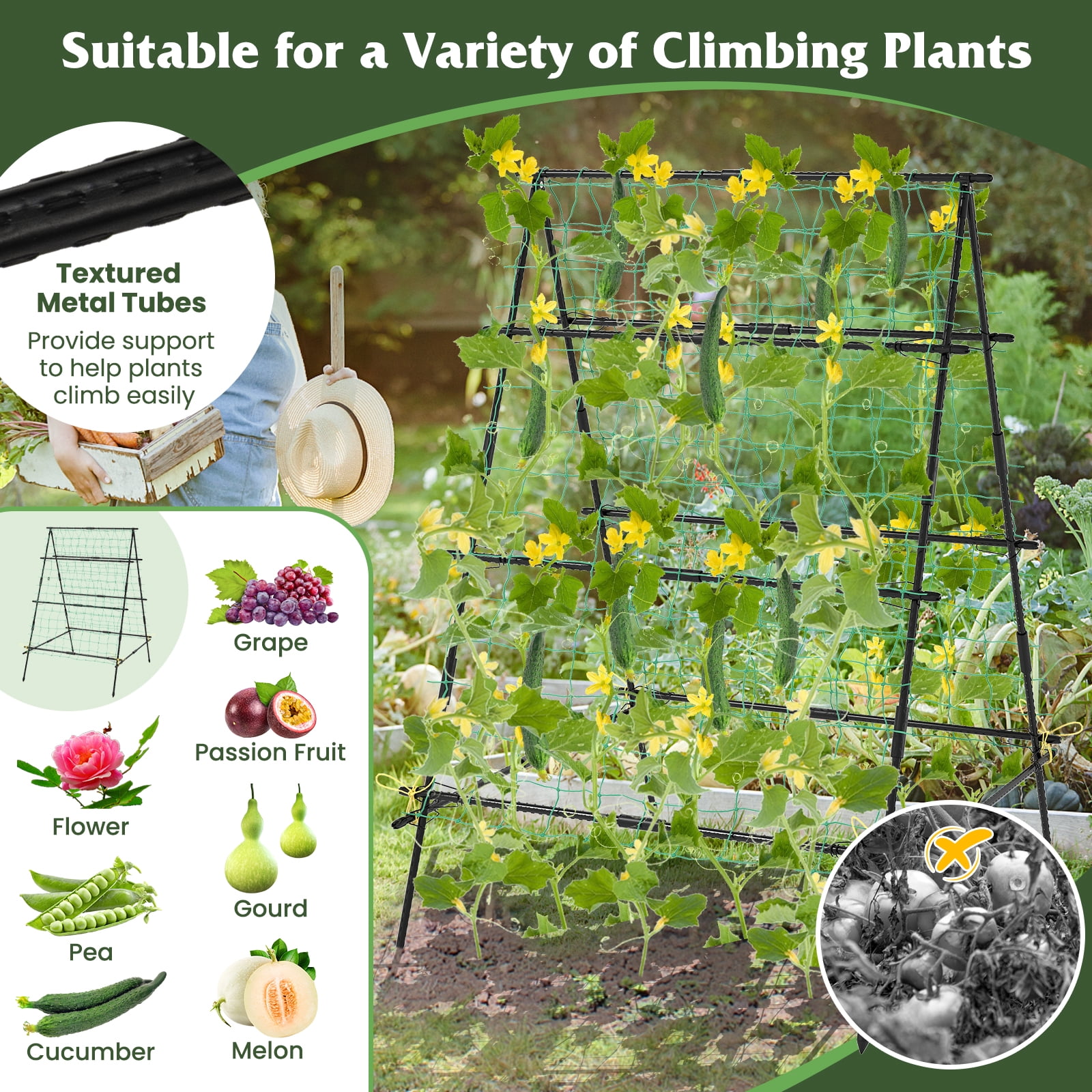 Patiojoy Cucumber Trellis for Plant Climbing Foldable Garden Tunnel Trellis w/ Plastic Coated Tube Trellis Net, Adjustable Auxiliary Clips