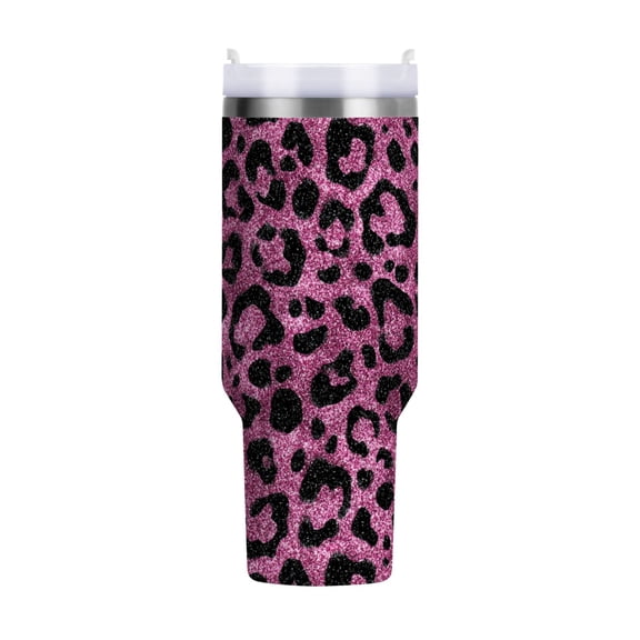 40 oz Tumbler With Handle Stainless Steel Insulated Tumbler With Lid for Car Cup Holder Pink Glitter Cheetah Print