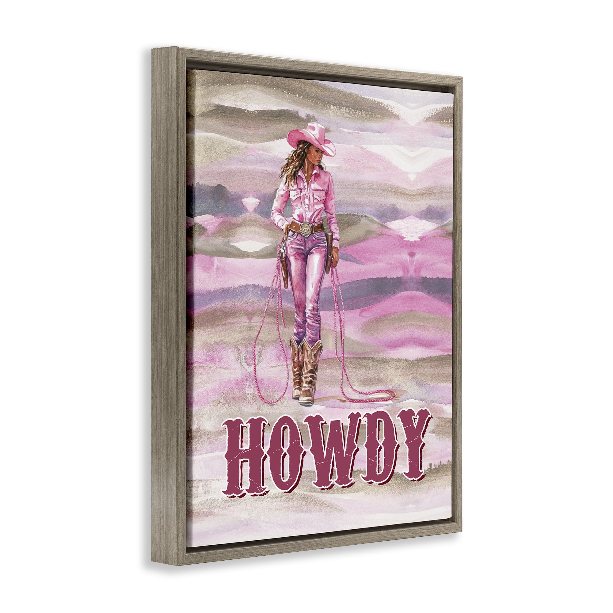 Stupell Industries Pastel Howdy Cowgirl People Painting Brown Floater Framed Canvas Art Print Wall Art, 25 x 31