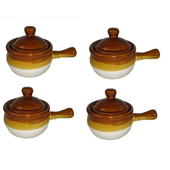 Chefcaptain Ceramic French Onion Soup Crocks with Handles and Lids, 16 oz, Round, 4 Count