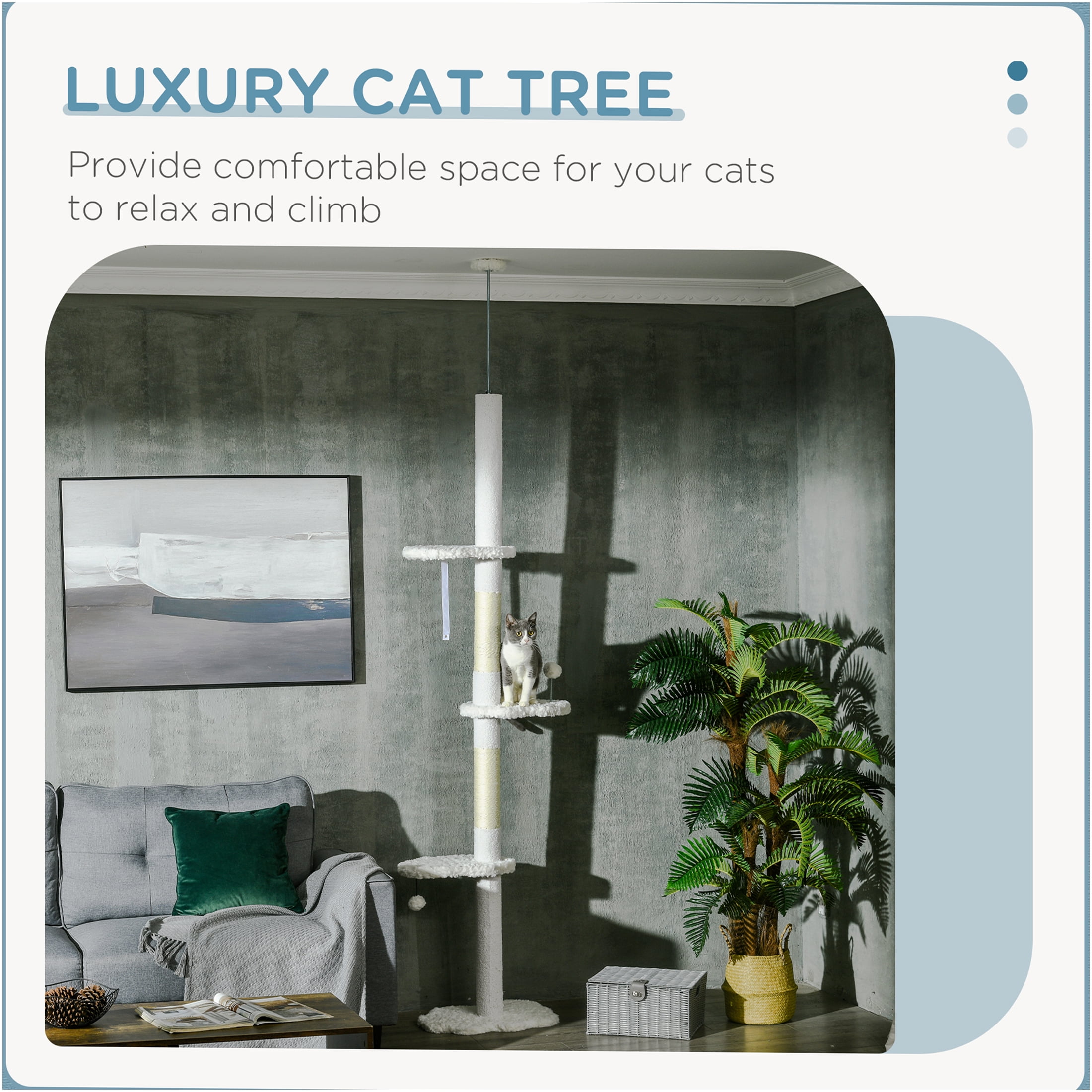 JERFIT Adjustable Floor to Ceiling Cat Tree, 88.5"-100.5" Tall Cat Tower with Scratching Posts, Cloud Perches, Hanging Toys & Anti-Tip Safety Wall Mount for Indoor Cats, White