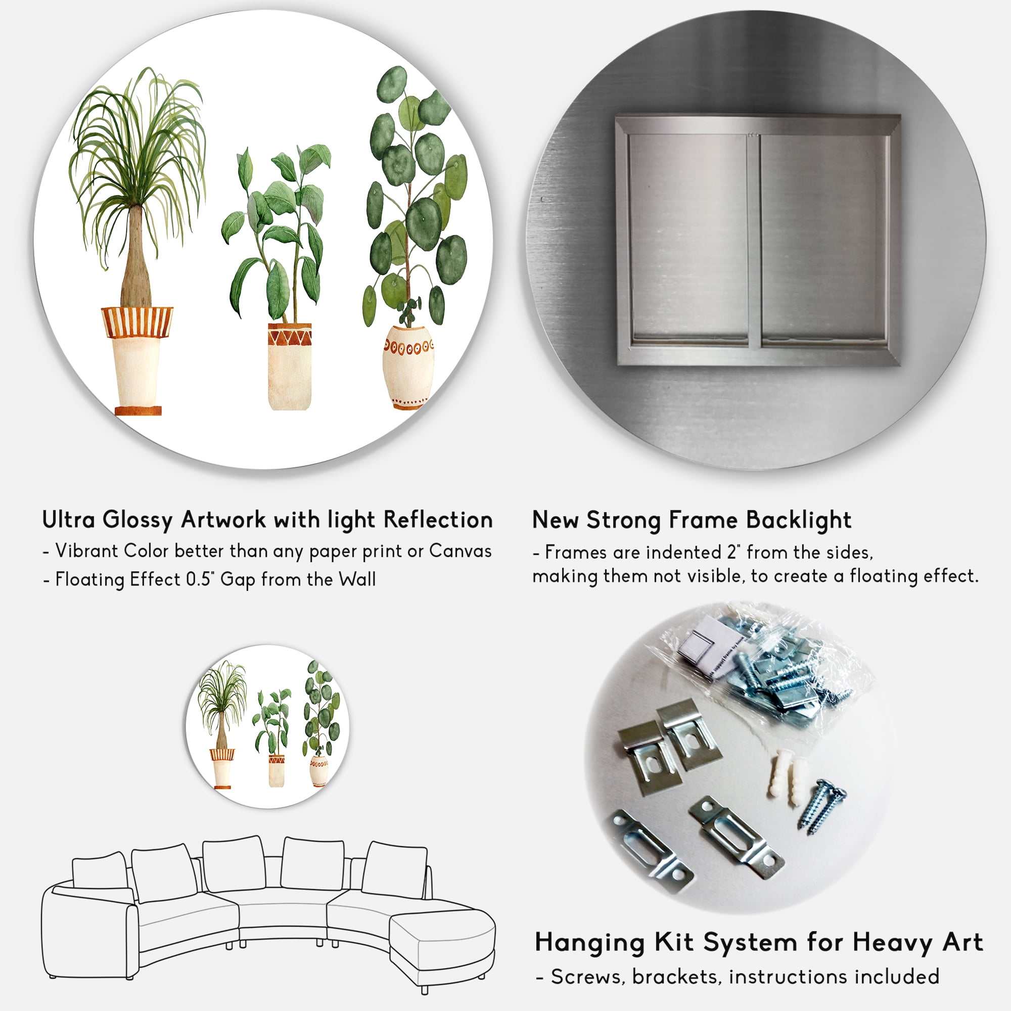 Designart 'Trio of House Plants Ficus Ponytail and Palm' Traditional Circle Metal Wall Art 11x11 - Disc of 11