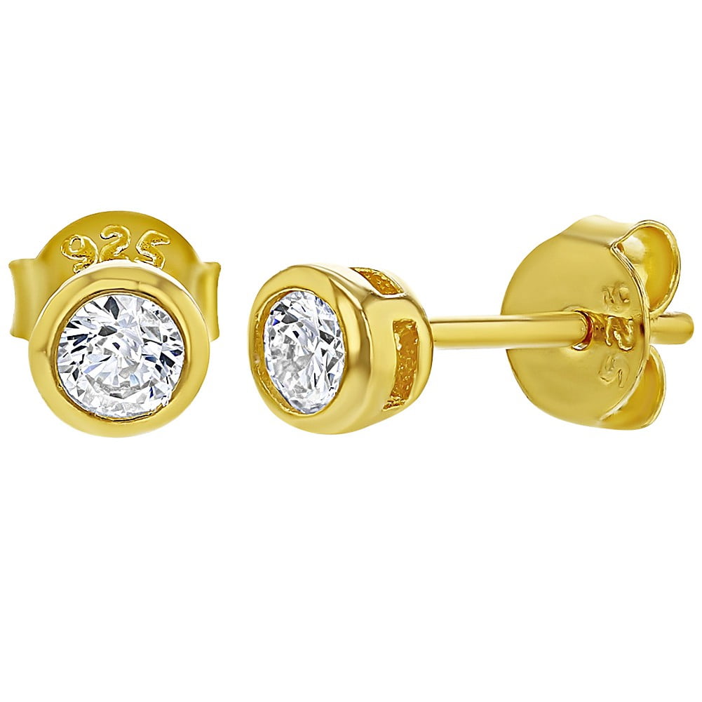 Yellow Gold Flashed 925 Sterling Silver Clear CZ Round Stud Earrings Kids 4mm