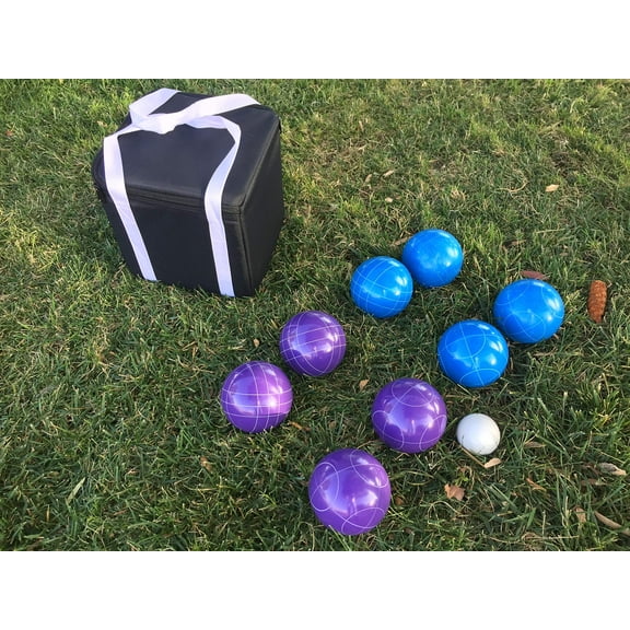 New Listing - Unique Bocce Sets - 107mm with Purple and Blue Balls, Black Bag