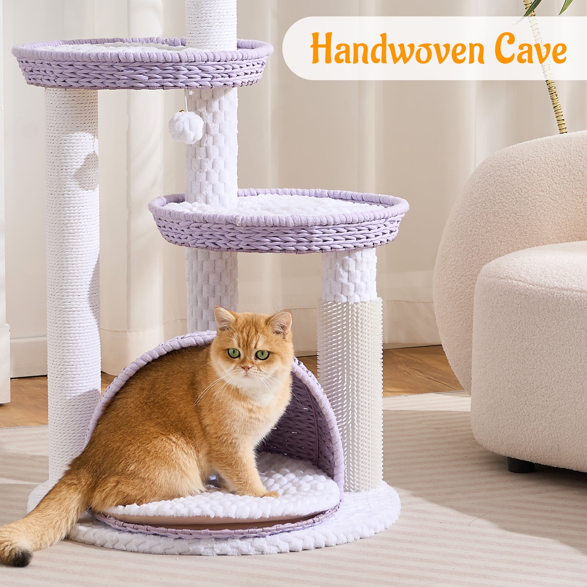 HITTITE Modern Cat Tree Tower with Scratching Post, 46 Inches Tall Cat Towers with Woven Cat Nests and Cave, Removable Cushions and Massage Brush for Indoor Cats Large Adult.