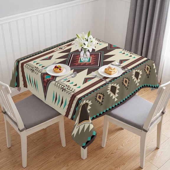 Brown Southwest Table Cloth Waterproof Tablecloths, Ethnic Boho Tribal Vintage Geometric Tablecloth Dining Table Cover for Kitchen Party Tabletop Outdoor, Square Tablecloth 60x60 Inch