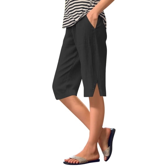Tfken Women Pants For Summer Elastic Waist Solid Color Slit Straight-Leg Knee Length Pants With Pockets Casual Female Classic Clothes Black