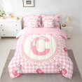 thumbnail image 2 of Manfei Girly Pink Monogrammed C Bedding Comforter Set 7pcs, Fashion Square Checkered Queen Bedding Sets, Cartoon Ribbon Cherry Reversible Queen Sheet Sets, Ultra Soft Bedroom Decor, 2 of 7