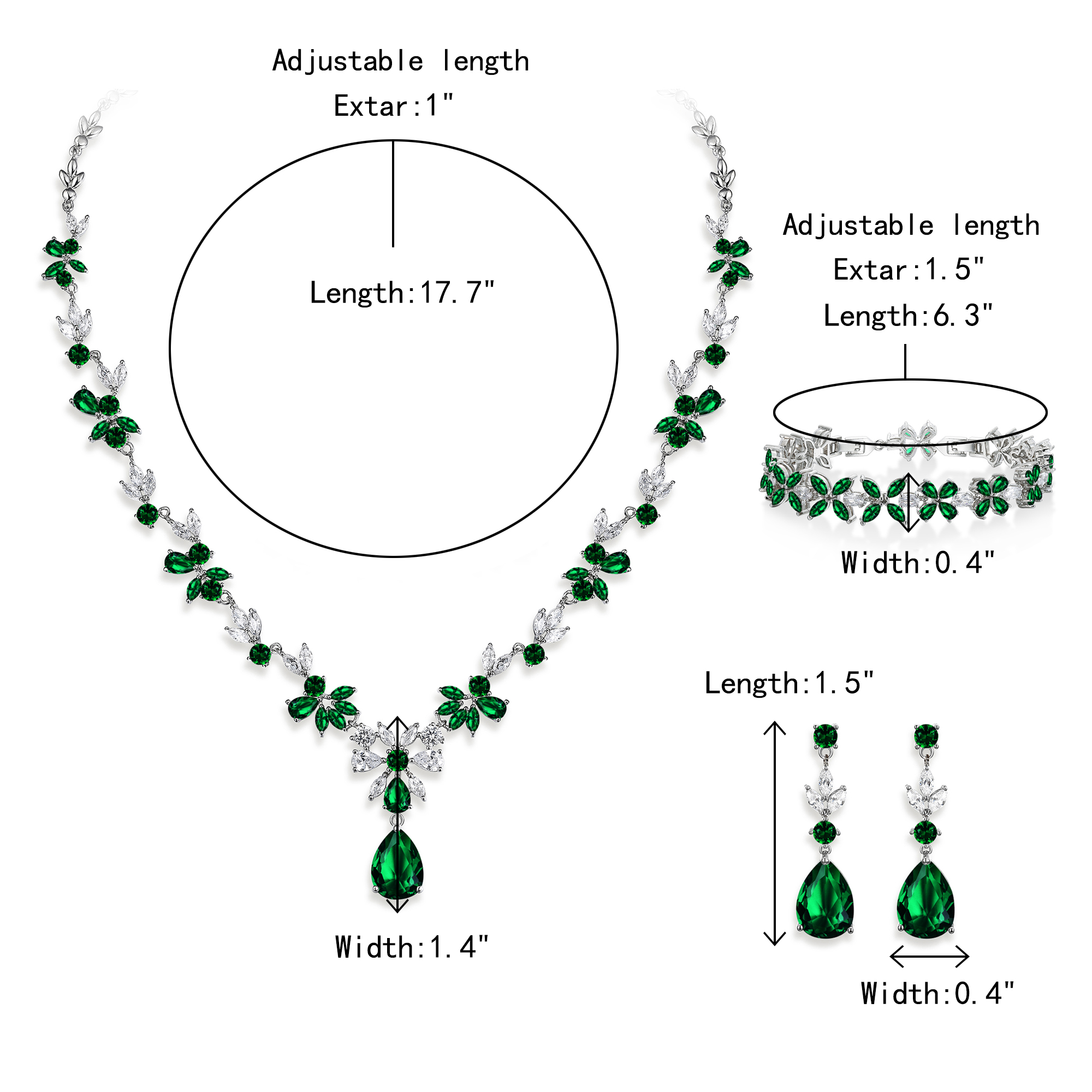 Wedure Wedding Jewelry Sets for Women, Green Marquise Cubic Zirconia Cluster Flower Bridal Necklace Dangle Earrings Bracelet Set for Bridesmaid Bride - image 5 of 5