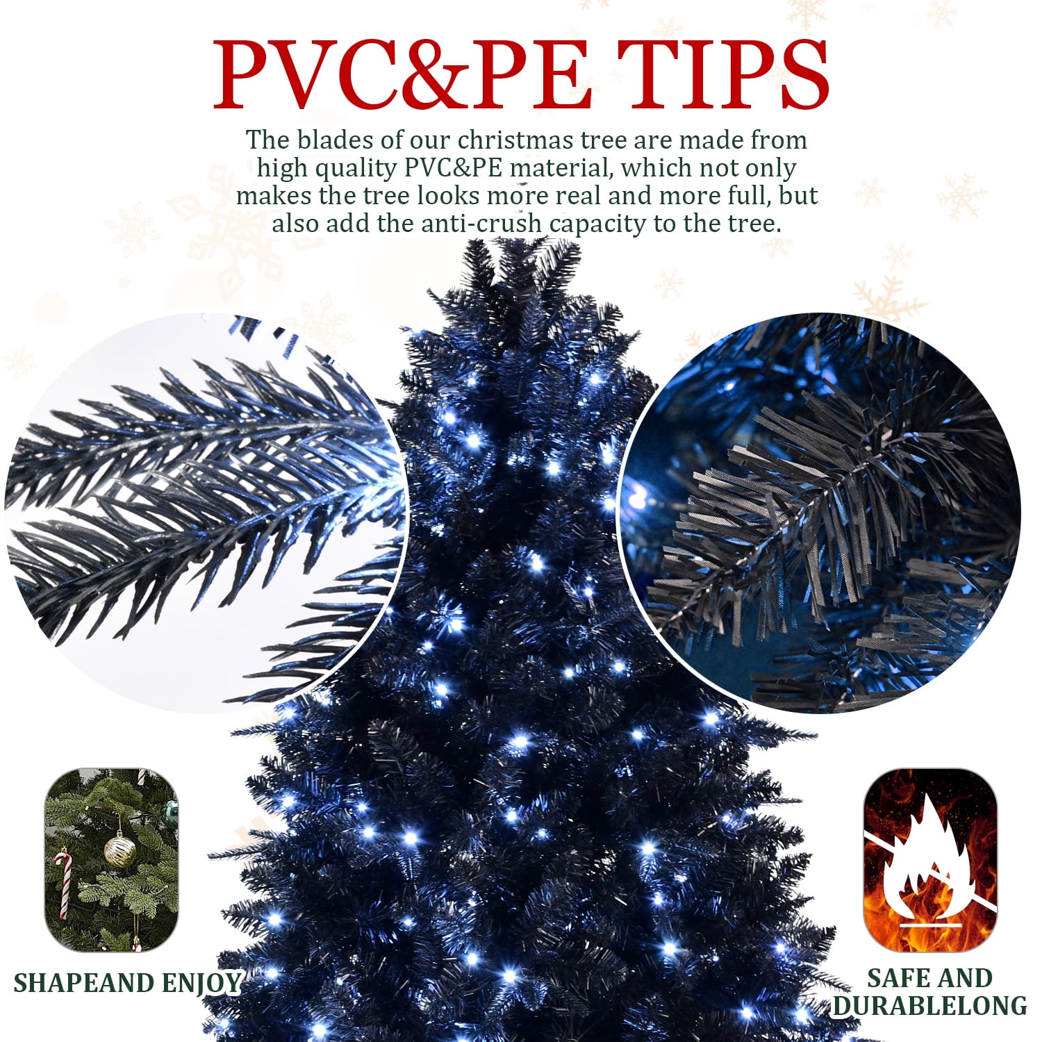 Euroco 8ft Black Christmas Tree with 600 White LED Lights, 2486 Tips PE+PVC Artificial Tree for Halloween & Holiday Decor, Hinged Structure with Stable Metal Stand